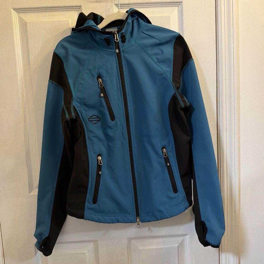Harley Davidson Womens Small Blue Black Softshell Hooded Jacket 97444-15VW